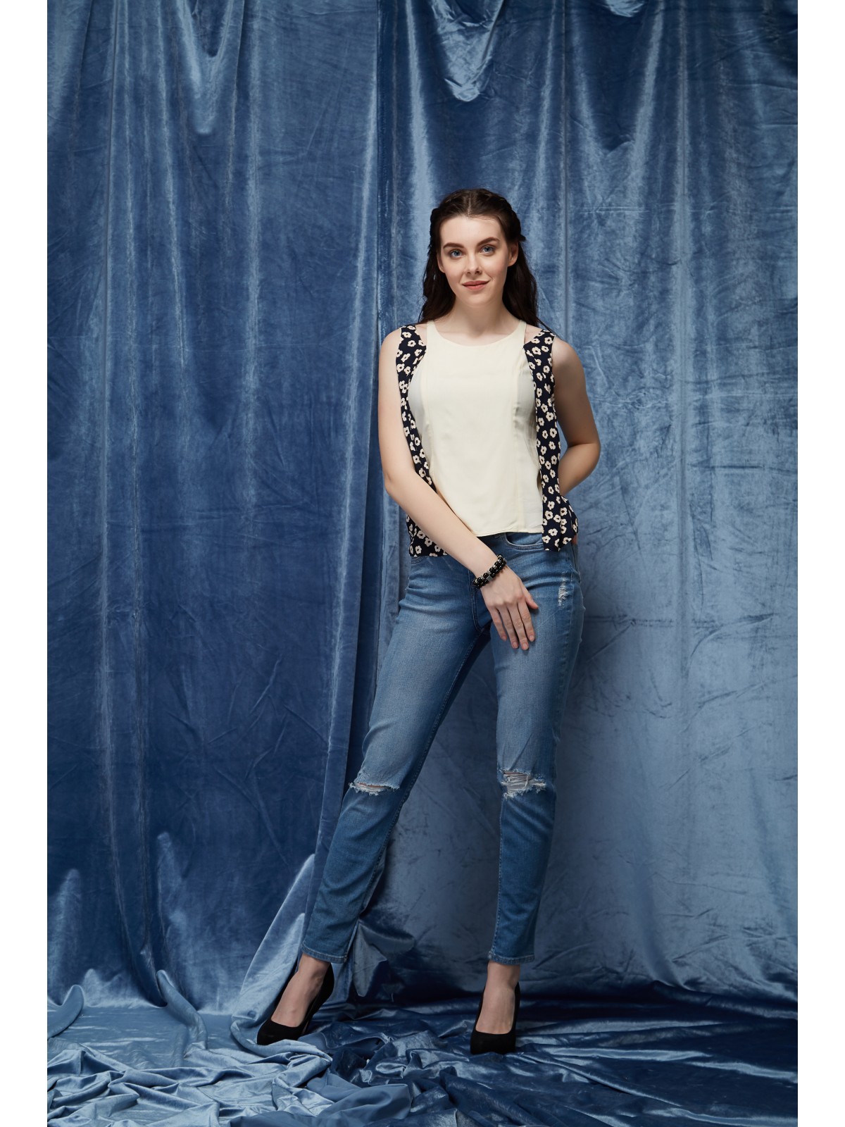 Lucky Point Blue Printed Casual Top With Panel  